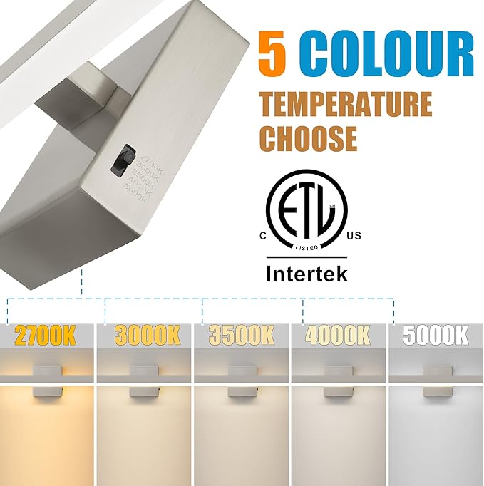 Nickel Bathroom Vanity Light 15.75 inch, 12W Dimmable 5CCT LED Bathroom Light Fixture Over Mirror Restroom-ETL Certificated