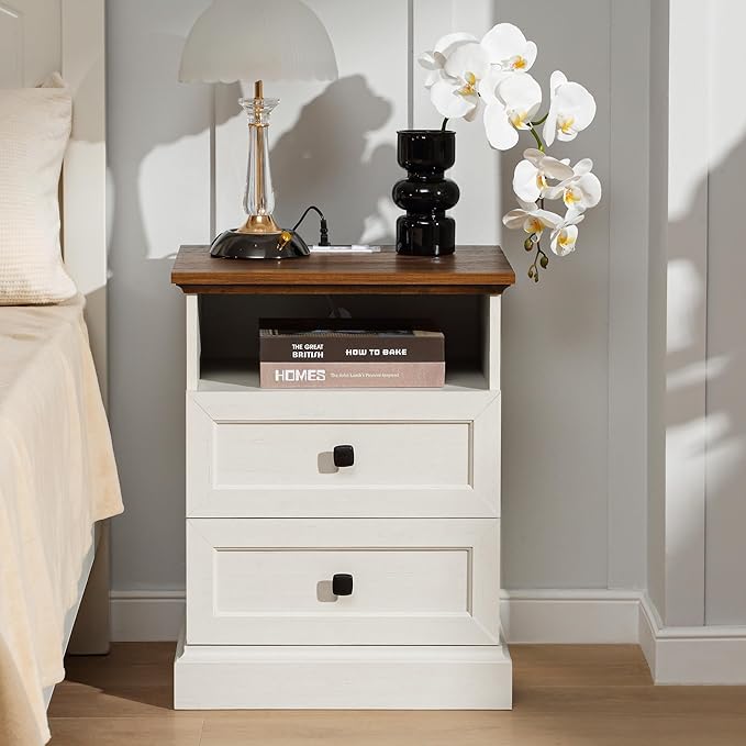 Night Stand with Charging Station, Bedside Table with 2 Drawers Storage and Open Shelf, White Nightstand with Outlets, Wood Modern End Table for Bedroom Office