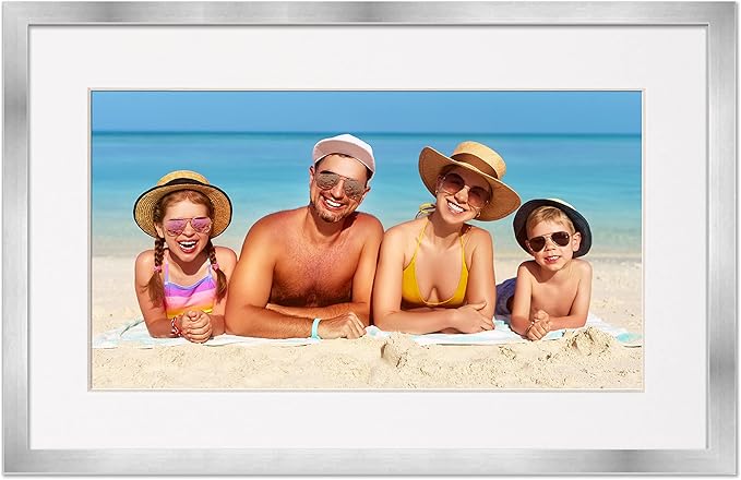 11x22 Frame with Mat - Silver 13x24 Frame Wood Made to Display Print or Poster Measuring 11 x 22 Inches with White Photo Mat