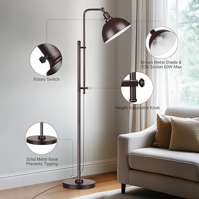 PARTPHONER Industrial Floor Lamp Adjustable, Rustic Farmhouse Reading Lamp in Aged Brown Finish Modern Standing Lamp with Remote Control Metal Shade for Living Room Bedroom Study Room Office Hotel