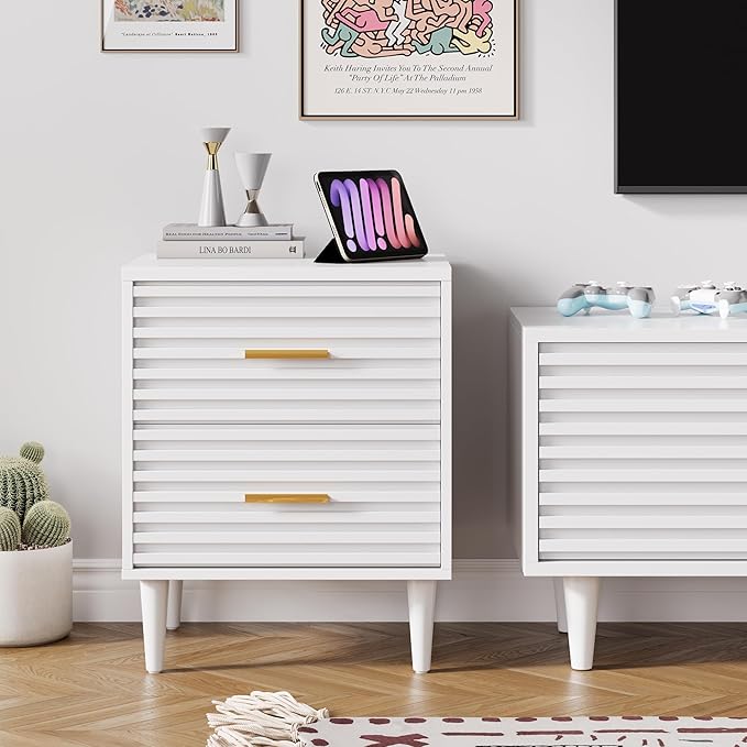 Alohappy Nightstands Set of 2, Mid Century Modern Night Stands, Fluted Bedside Tables for Bedroom, End Tables with Storage Drawers, Vintage Bed Side Table Wood Accent Table for Living Room, White 2pc