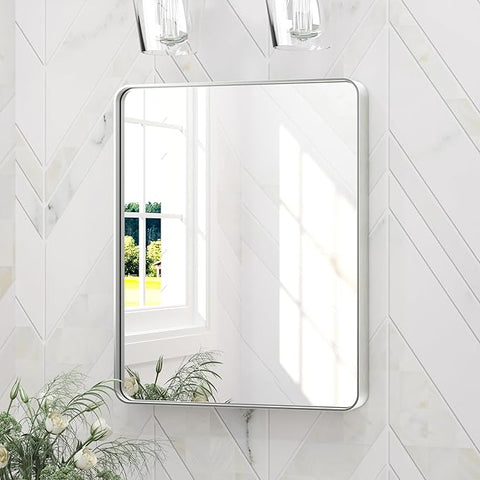 Keonjinn 16 x 20 Inch Brushed Nickel Bathroom Mirrors for Over Sink, Rounded Rectangle Silver Bathroom Vanity Mirror, Metal Framed Farmhouse Mirror for Wall, HD Tempered Glass(Horizontal/Vertical)