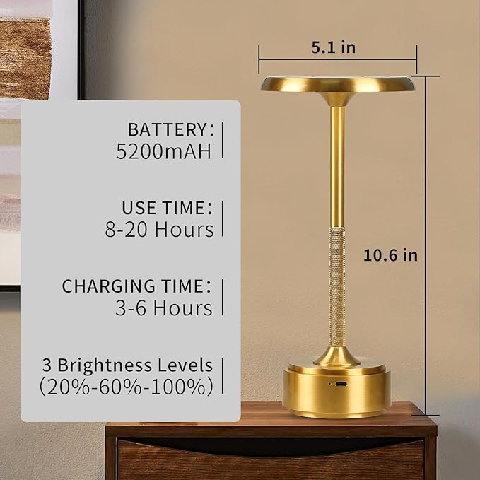 5200mAh Rechargeable Cordless LED Table Lamps Touch Sensor Light, 3-Levels Portable Dimming Wireless Battery Operated Lamp,Night Light/Restaurant Table/Outdoor/Coffee/Bar (Gold)