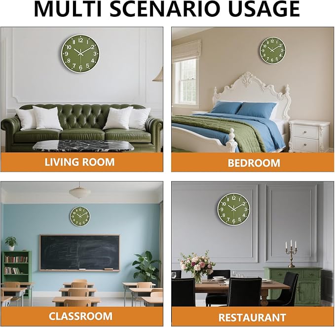 Modern Wall Clock, 10 Inch Digital Wall Clocks Battery Operated, Round Non Ticking Silent Analog Clock for Bedroom Living Room Kitchen Office Gym Classroom Decor, Olive Green