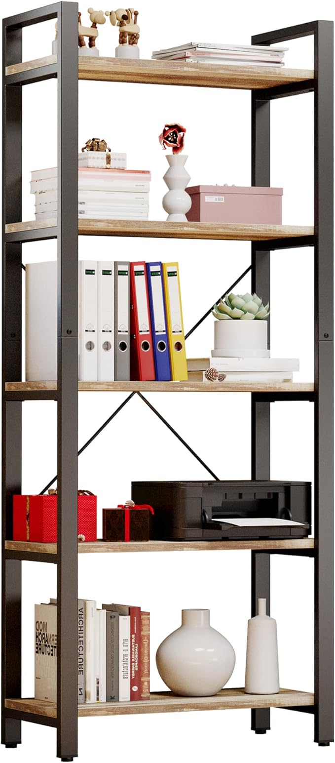 IRONCK Bookshelf 5-Tier Ladder Shelf 110 lbs Shelf Vintage Industrial Style Bookcase for Home Decor, Office Decor