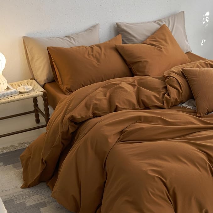 MooMee Super King Duvet Cover Set, 100% Washed Cotton Linen Like Twill Thick Sturdy Material Super Soft Breathable Durable Bedding for All Season, 3 Pieces (Dark Orange, Super King 108"x98")