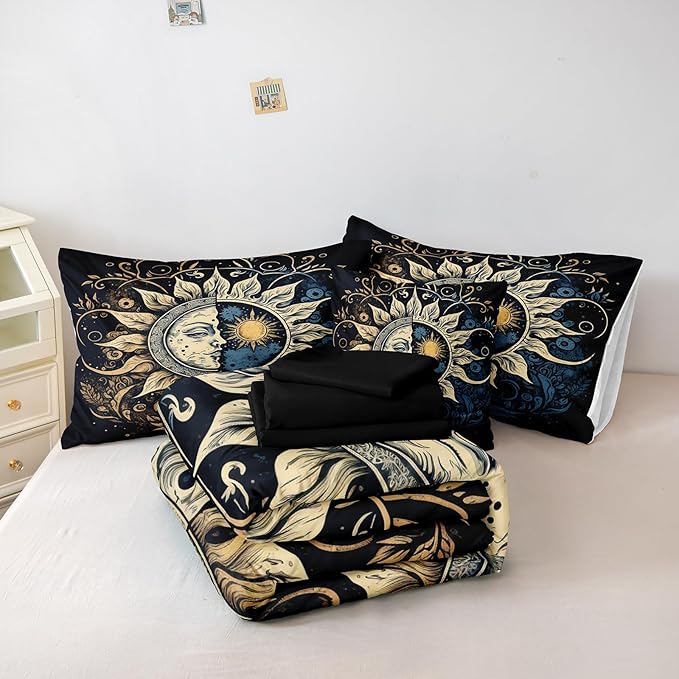 Sun and Moon Comforter Set Black Boho Bedding Set Celestial Galaxy Starry Space Bedding Comforter Mandala Exotic Black Bed in A Bag King Size