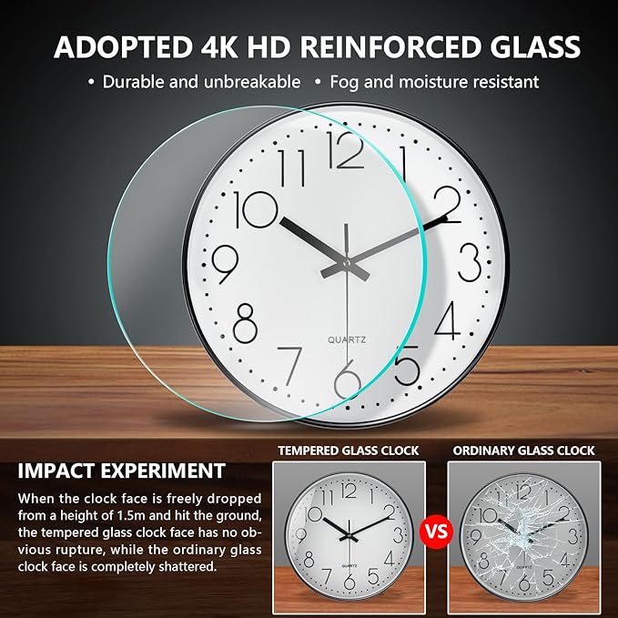 Modern Silent Wall Clock - 12 Inch Wall Clocks Battery Operated Large Number, Non-Ticking Analog Clock with Tempered Glass Quartz Clocks for Living Room Bedroom Office Kitchen, White Black