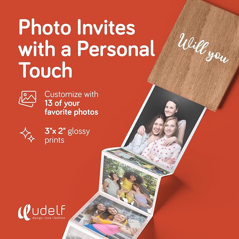 udelf Personalized Wooden Photo Box Gift with Accordion Picture Pull Out | Custom Photo Album Box | Picture Box Gift for Bridesmaid and Maid of Honor Proposal I Holds 14 Photo Prints, 3"x2"