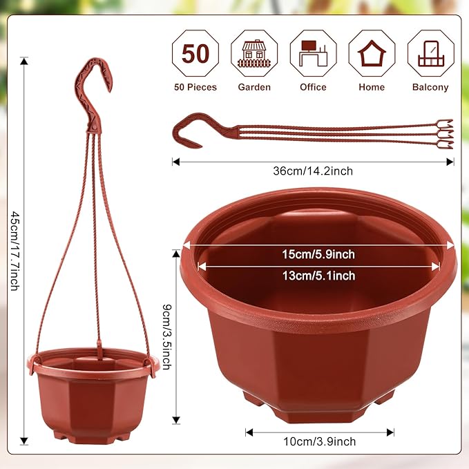 Roshtia 50 Pcs Plastic Hanging Plant Pots with Hooks Flower Pots Baskets Outdoor Hanging Nursery Planter Holder for Home Garden Balcony Porch(Brown,5.9 inch)