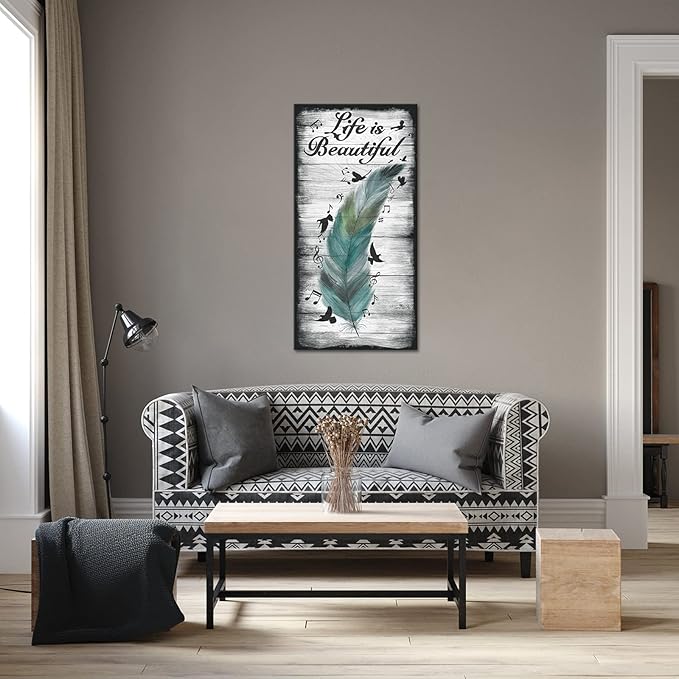 iKNOW FOTO Rustic Canvas Wall Art Decor Abstract Feather and Flying Birds with Inspirational Quote Life is Beautiful Picture Giclee Prints for Modern Living Room Bedroom Decoration 20x40