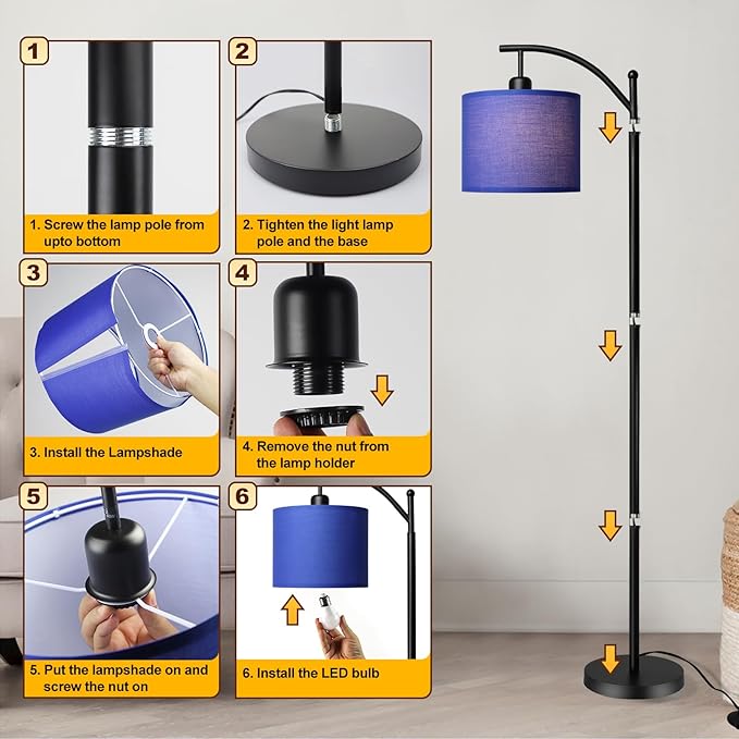 DLLT Arc Floor Lamp with 3 Color Temperatures, Standing Lamp with Linen Shade, Modern Tall Lamp for Living Room, Reading Floor Lights for Bedroom, 8W LED Bulb Included, Black with Blue Lampshade