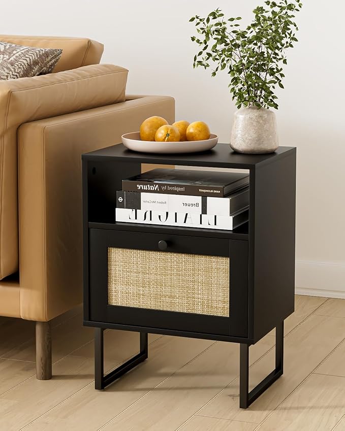 Rattan Nightstand, Boho Night Stand Farmhouse Wood Bedside Table with Storage and Open Shelf, End Side Accent Table for Bedroom,Living Room,Black