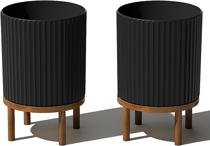 Veradek Demi Series Round Planter w/Stand for Porch/Patio | Durable Plastic-Stone Composite & Wooden Stand | Modern Décor for Tall Plants, Flowers