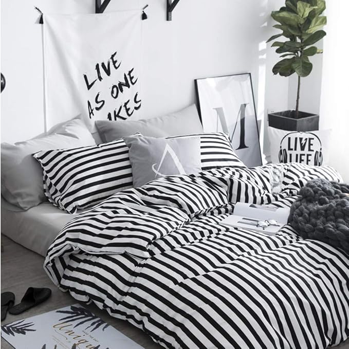 CLOTHKNOW Striped California King Comforter Sets Black White Bedding Comforter Sets All Season Farmhouse Ticking Comforter with 2 x Pillow Cases