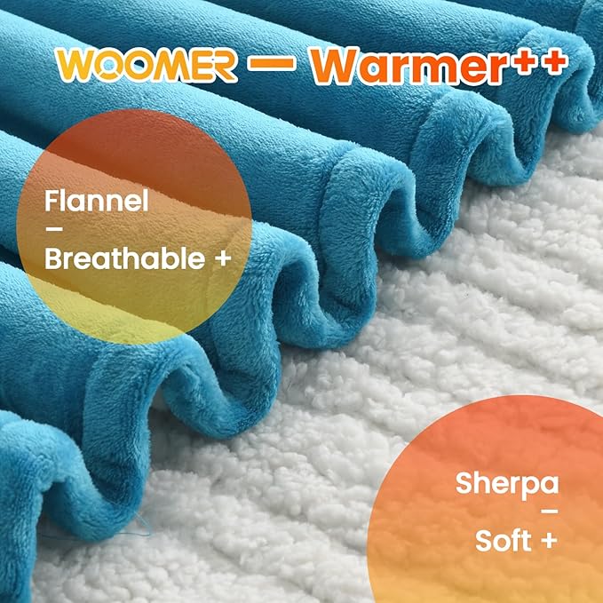 WOOMER Electric Heated Blanket Twin Size, Soft Flannel Fast Heating Blanket, Teal Color, 62"x 84", 10 Heating Levels & 0.5-12H Auto Off, Over-Heat Protection