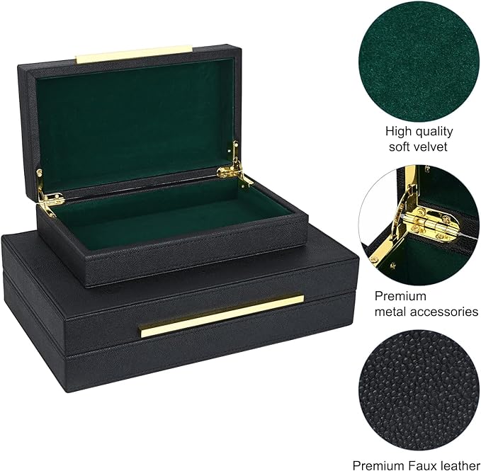 Black Shagreen box Set of 2 Faux Leather Decorative Boxes,Large Nesting Storage Decorative Boxes with Lids for Modern Home Decor Stacking Jewelry Box Organizer