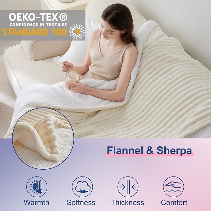 Heated Blanket Electric Blanket 50"x60", Soft Flannel Sherpa Electric Throw with 5 Heating Level & 1-12 Hour Auto Off, Heated Throw with Overheating Protection, Machine Washable (Beige)