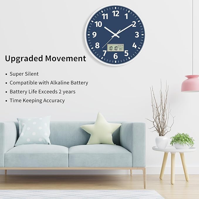 Foxtop Digital Wall Clock with Time, Day of Week and Temperature, Silent Non-Ticking Battery Operated Round Digital and Analog Wall Clock for Classroom Office Bedroom Home School (12 Inch, Blue)