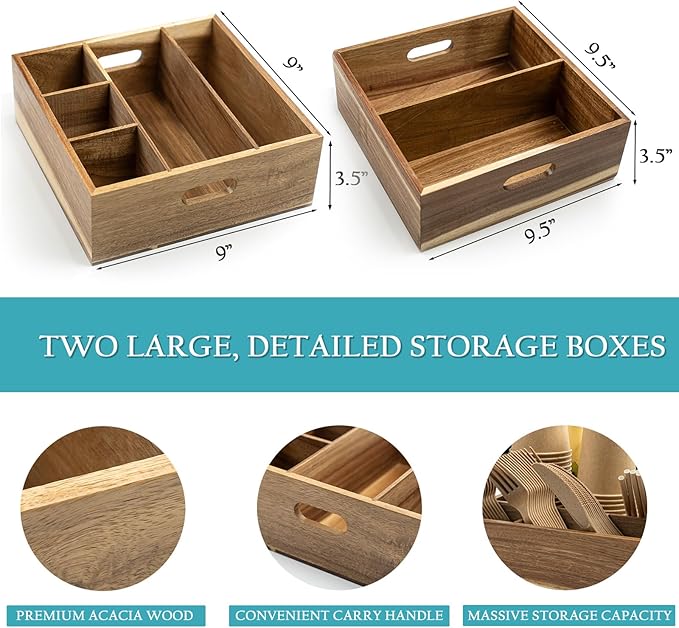 2 Set of Acacia Utensil Holder for Party - Wood Utensil Caddy for Parties and Paper Plate Dispenser for Countertop - Organize Cups, Spoons, Forks, Plates, Napkins - Kitchen Accessories