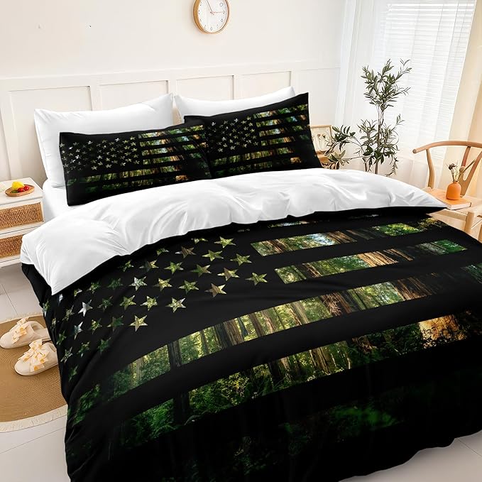 American Flag Comforter Set Queen Size Green Black Bedding Set Stars Stripes Geometric Pattern Green Camouflage Camo Farmhouse Western Bed Comforter Set for Boys Teens