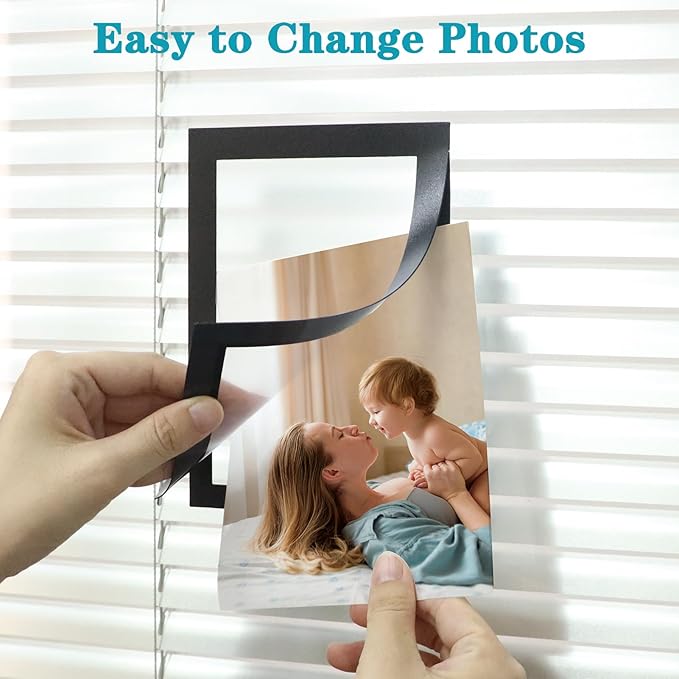CRUGLA 4x6 Magnetic Picture Frames for Refrigerator 8 Packs, Modified Magnetic Sheet with Self Adhesive Backing, Black 4 by 6 Photo Frame Set for Locker Glass Window Door Cubicle