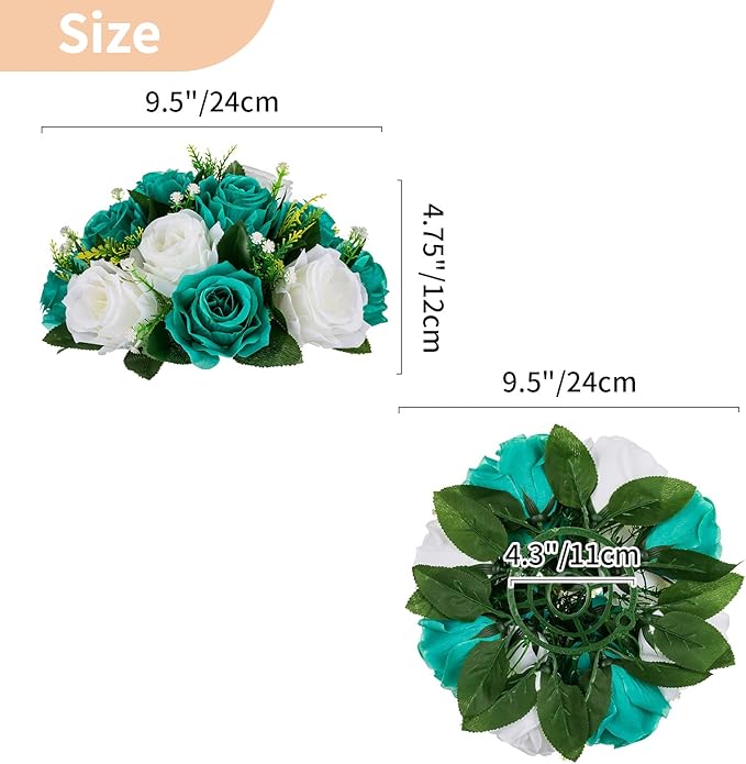 NUPTIO Flower Wedding Centrepieces for Tables - 10 Pcs 9.5in Diameter Teal & White Artificial Flowers Rose Ball for Centerpieces Table - Fake Rose Arrangements for Weddings Birthday Party Decorations