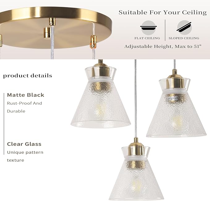 Industrial Farmhouse 3 Pendant Chandelier Light with Handblown Seeded Glass Shade Gold Brushed Nickel Hanging Light for Kitchen Island Dining Room Living Room,Foyer,Stairway