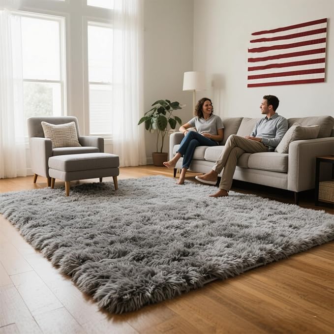 Light Grey Fluffy 9x12 Area Rug for Living Room, Plush Shag Rugs for Bedroom, Large Soft Furry Carpets for Kids Room, Modern Indoor Nursery Carpet for Classroom Dorm Cozy Comfy Home Decor