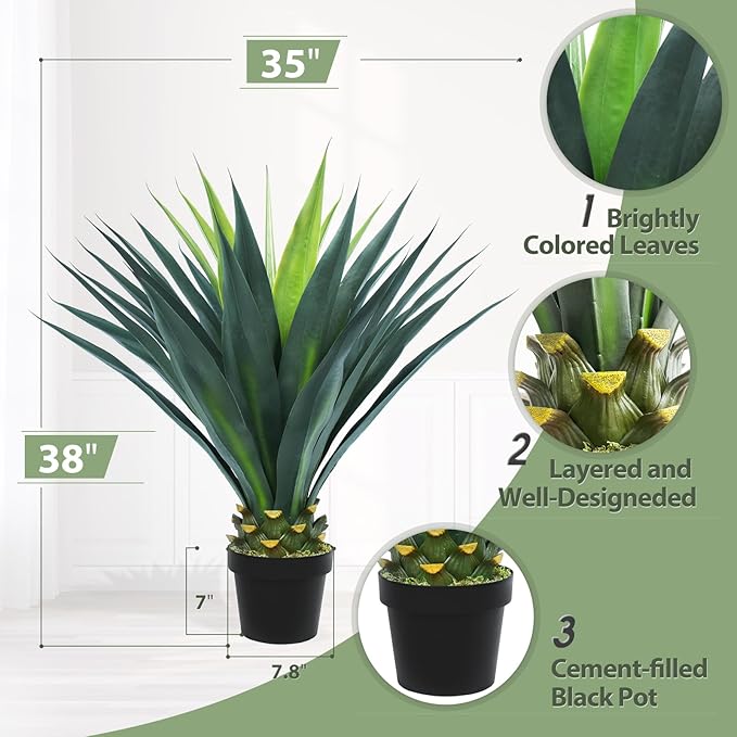 3ft Artificial Agave Plant, 38 Inch Tall Faux Agave Plants in Black Pot, Fake Floor Plant Outdoor Indoor for Front Porch Patio Home Office Door Step Hotel Desert Style Decor 1PCS