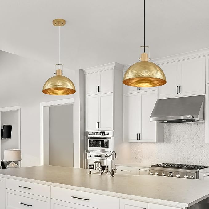 16 Inch Gold Pendant Lights Hammered Matte Pendant Lights for Kitchen Island Industrial Farmhouse Adjustable Height Dome Hanging Light Fixtures for Barn, Dining Room 2 Packs