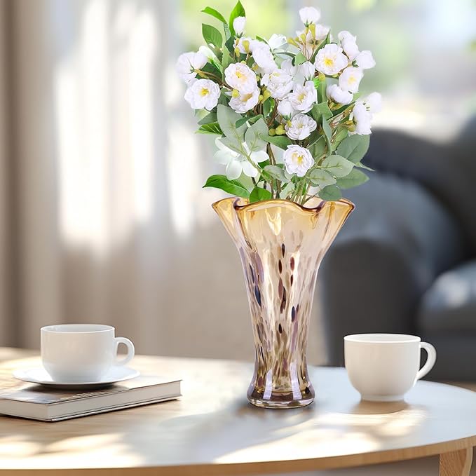 9.0"H Amber Glass Vases for Flowers, Unique Hand Blown Glass Vase Amber Gold Home Decor, Wide Mouth Colorful Flower Vase Centerpieces, For Living Room Table Bookshelf, Bathroom Office Shelf Decorative