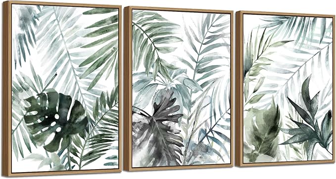 Large Framed Canvas Wall Art - Natural Float Framed Tropic Leaf Pictures Wall Art Prints for Living Room Decor Green Plants Artwork for Bedroom Kitchen Home Office Decoration 60" X 28" Set of 3