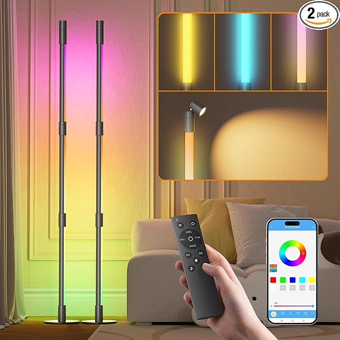 RGBWIC LED Corner Floor Lamp – Smart Ambient Light with Bluetooth App & Remote Control, Music Sync, Color Changing, Mood Lighting for Bedroom, Living Room, Gaming Setup, Home Decor (2pack Grey)