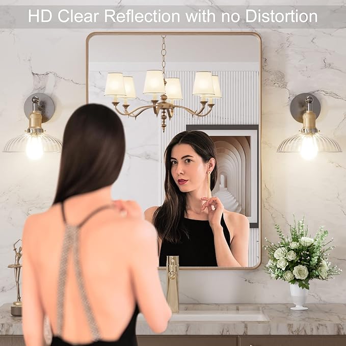 LOAAO 24”X32” Gold Bathroom Mirror, Rounded Rectangle Gold Frame Mirror, Brushed Gold Bathroom Vanity Mirror Wall-Mounted, Anti-Rust, Hangs Horizontally or Vertically