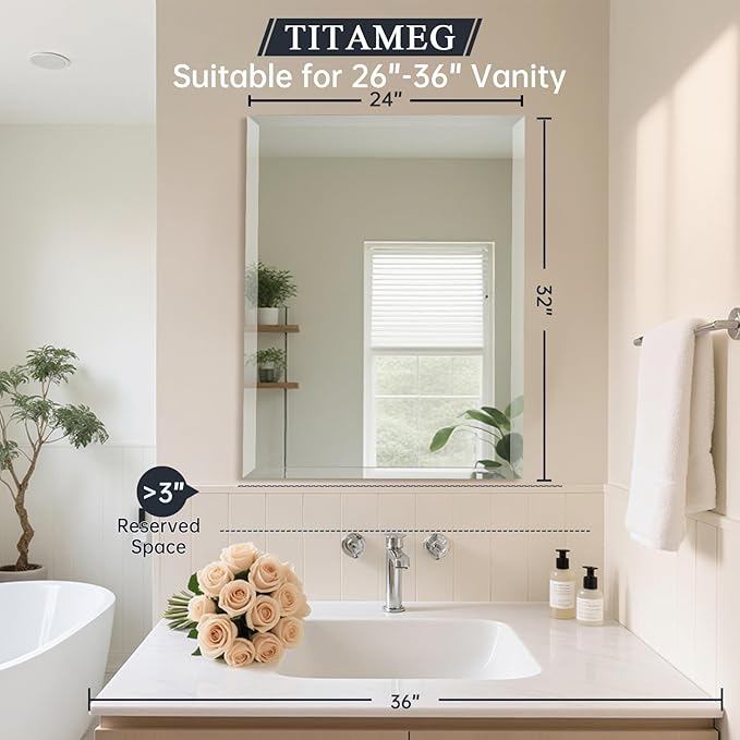 24x32 Inch Frameless Wall Mirror with 1" Beveled Edge, Frameless Rectangle Mirror for Bathroom, Vanity, Living Room