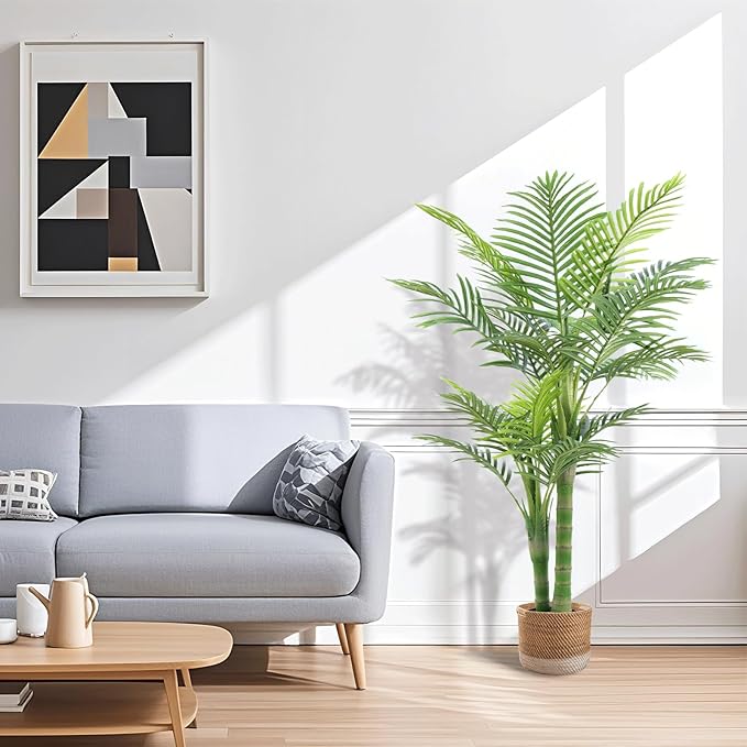 4FT Artificial Golden Cane Palm Tree – Realistic Faux Indoor & Outdoor Plant with Weighted Pot, UV Resistant & Easy Assembly Plastic Tropical Tree for Home or Office Décor