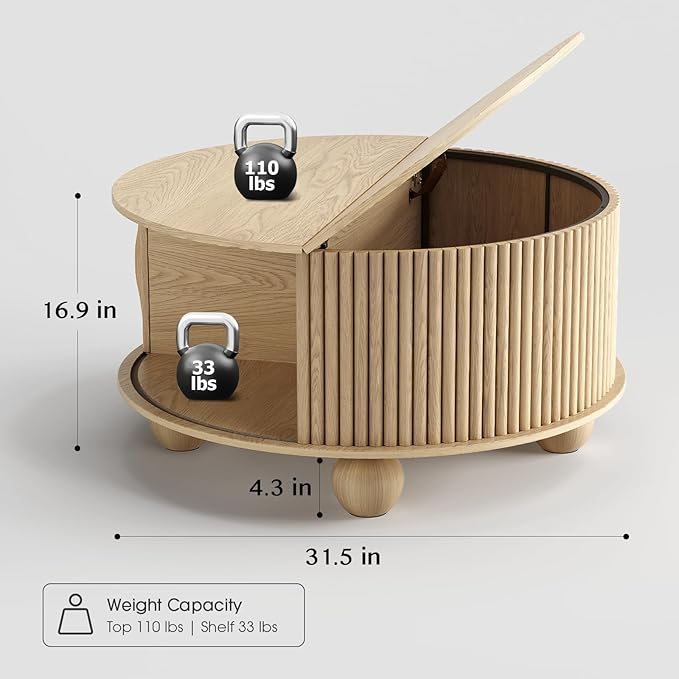 Round Coffee Table with Storage,31.5" Mid Century Modern Coffee Table with Bun Feet,Fluted Center Table for Living Room,Home Small Space,Oak