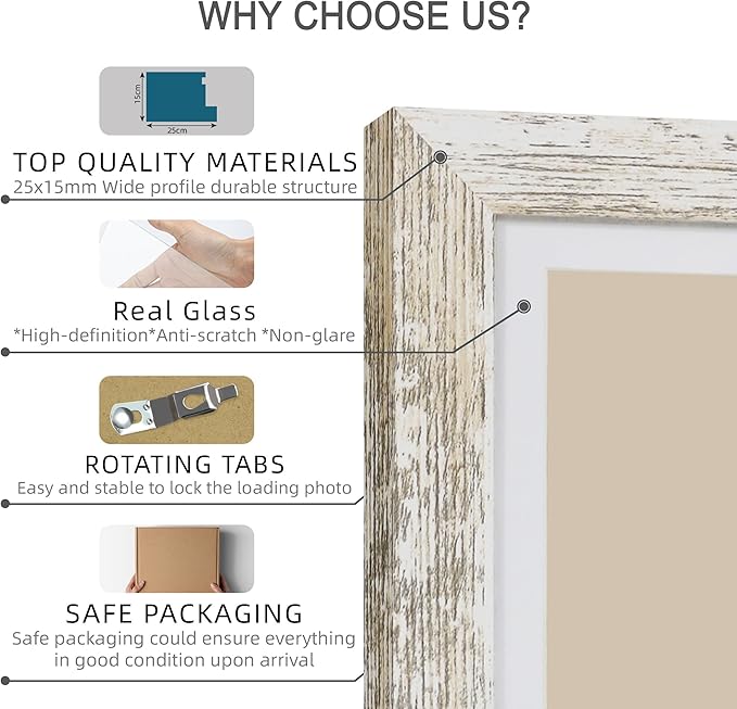 11x14 Picture Frame Set of 2, Made of Glass and Distressed White Wooden Frame, Display 8x10 Pictures with Mat or 11 x 14 Posters without Mat for Wall Mounting, Gallery Photo Frames