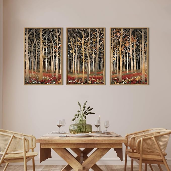 Large Modern Autumn Birch Trees Framed Canvas Wall Art,Boho Aspen Trees Wall Decor,Mid Century Fall Forest Artwork,Natural Midnight Wilderness Art Print for Living Room,Bedroom,Office-24"x36"x3