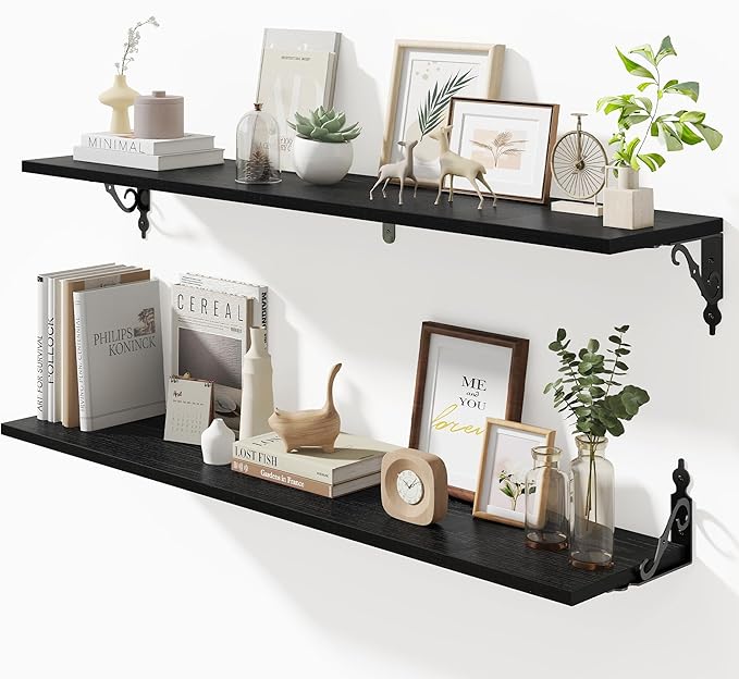 Fun Memories 40 Inch Floating Shelves Wall Mounted, 8 Inch Deep Wall Shelves with Bracket, Rustic Hanging Bookshelf, 40" Bookshelves for for Living Room, Kitchen and Bedroom, Black, Set of 2