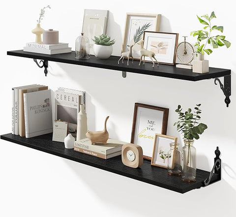 Fun Memories 40 Inch Floating Shelves Wall Mounted, 8 Inch Deep Wall Shelves with Bracket, Rustic Hanging Bookshelf, 40" Bookshelves for for Living Room, Kitchen and Bedroom, Black, Set of 2