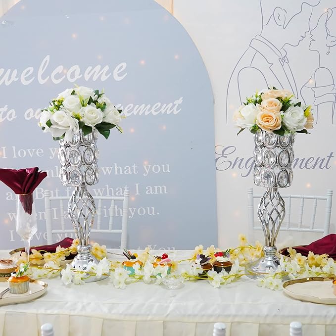20in Wedding Centerpieces for Tables, 2pcs Silver Metal Diamond Crystal Wedding Flower Stand Centerpiece Vases for Table Decorations Reception Party Home Decor