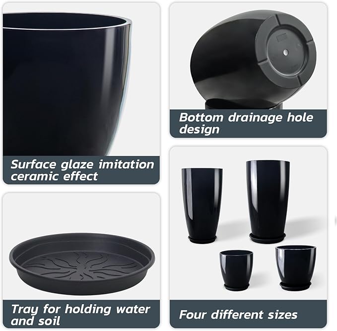 ZMTECH 24/21/12/10" H Large Plastic Planters with Drainage Hole and Saucer -Set of 4 Tall Plant Pots for Indoor & Outdoor Use,Black Glossy Smooth Lightweight Flower Pot for Front Porch Patio Deck