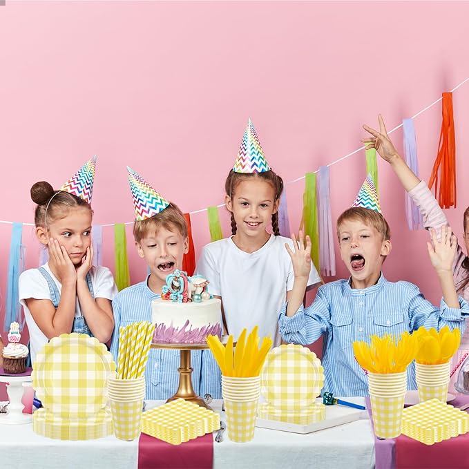 400PCS Yellow Gingham Party Supplies, Scalloped Disposable Tableware Set Includes Paper Plates Napkins Cups Straws Forks Knives Spoons for Baby Shower Birthday Wedding Decorations, Serve 50