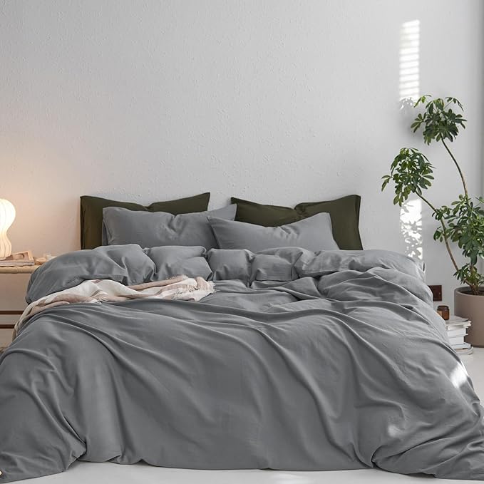 MooMee Queen Duvet Cover Set, 100% Washed Cotton Linen Like Twill Thick Sturdy Material Super Soft Breathable Durable Bedding for All Season, 3 Pieces (Polar Grey, Queen 90"x90")