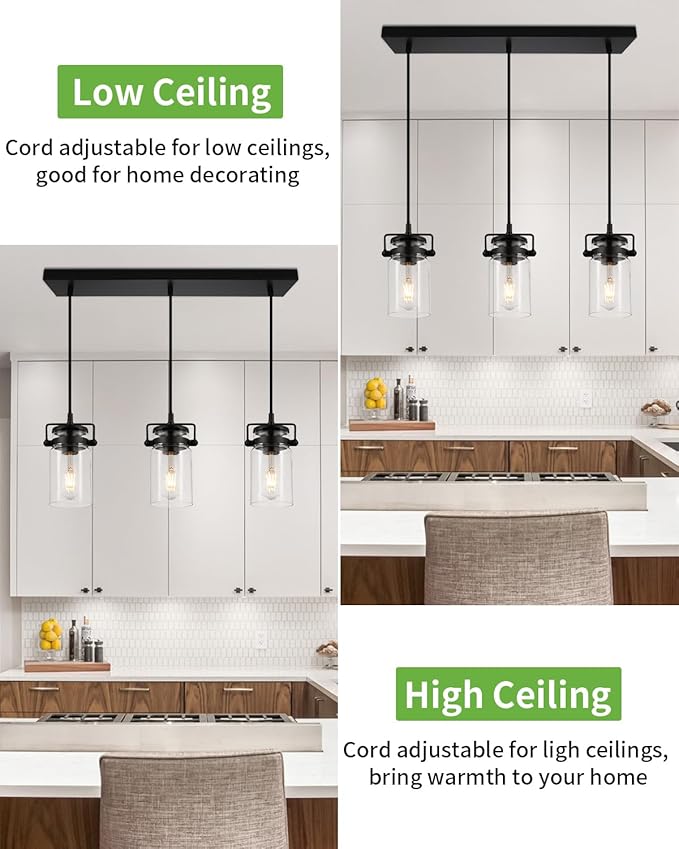 Pendant Lighting for Kitchen Island, Modern Glass Pendant Light Linear Chandelier for Dining Room Industrial Hanging, 3 Light Fixture Adjustable Cord Farmhouse Ceiling Light Black Finish