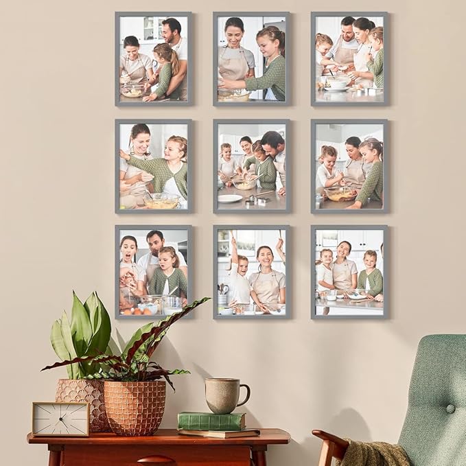 Renditions Gallery Set of 9, 11X14 Custom Photo Prints with Real Wood Picture Frames. Create Personalized Photos with Peel & Stick Photo Frames. Gray Frame