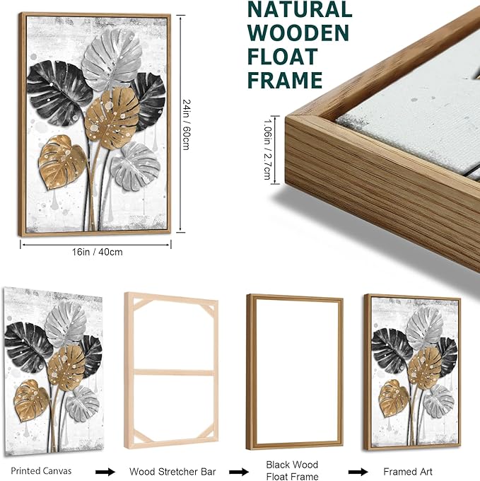 Large Framed Canvas Wall Art - Natural Float Framed Black Brown Gray Leaf Pattern Pictures Decor Rustic Foliage Plants Artwork for Living Room Bedroom Kitchen Home Office Decoration 48" X 24" Set of 3