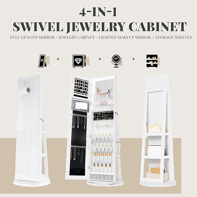 Mirror Jewelry Cabinet Standing, 360° Swivel Jewelry Armoire with LED Lights, Lockable Jewelry Organizer with Full-Length Mirror for Wonen, White